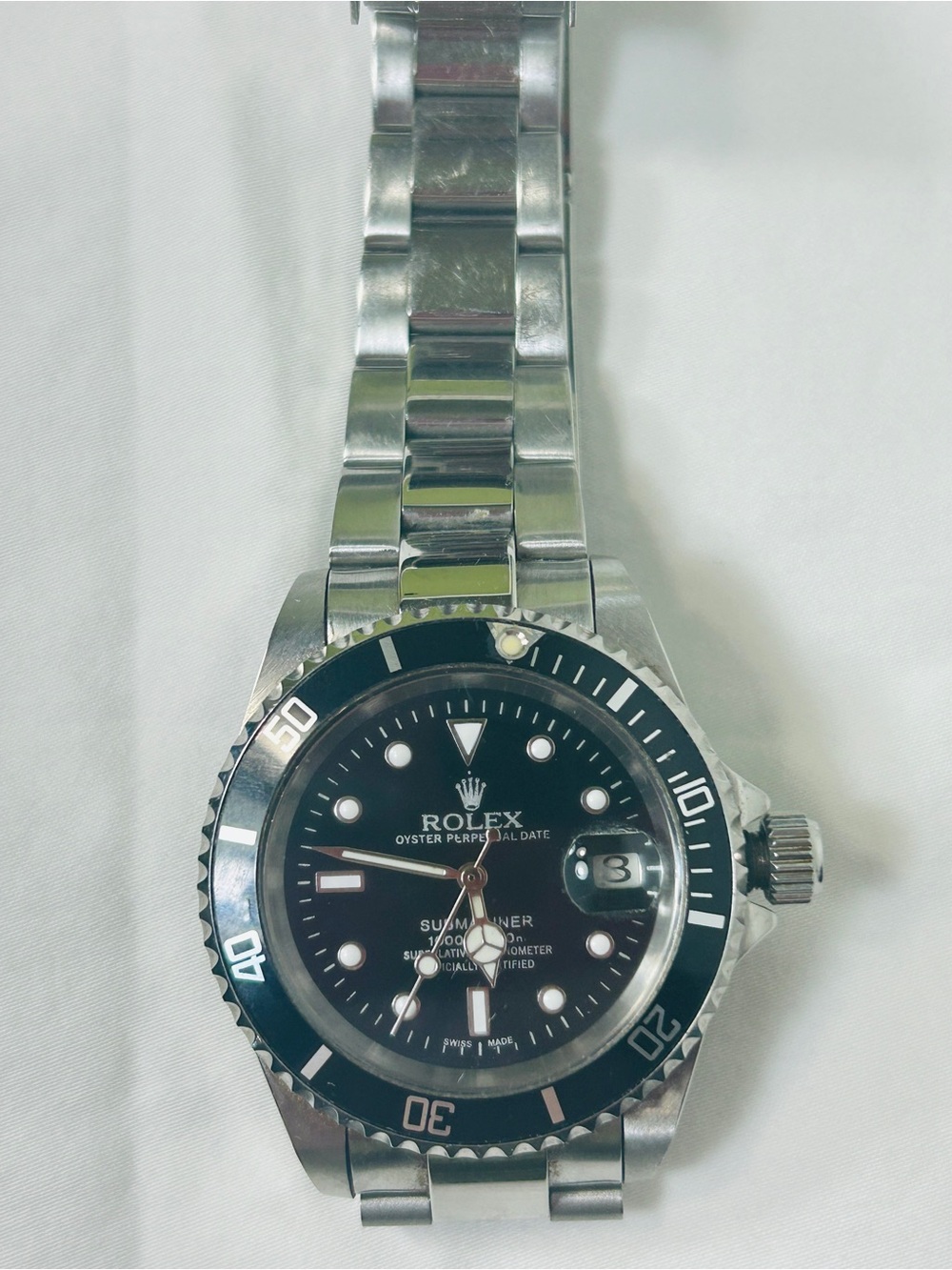 Rolex Men's Silver Watch with Black Dial and Bezel